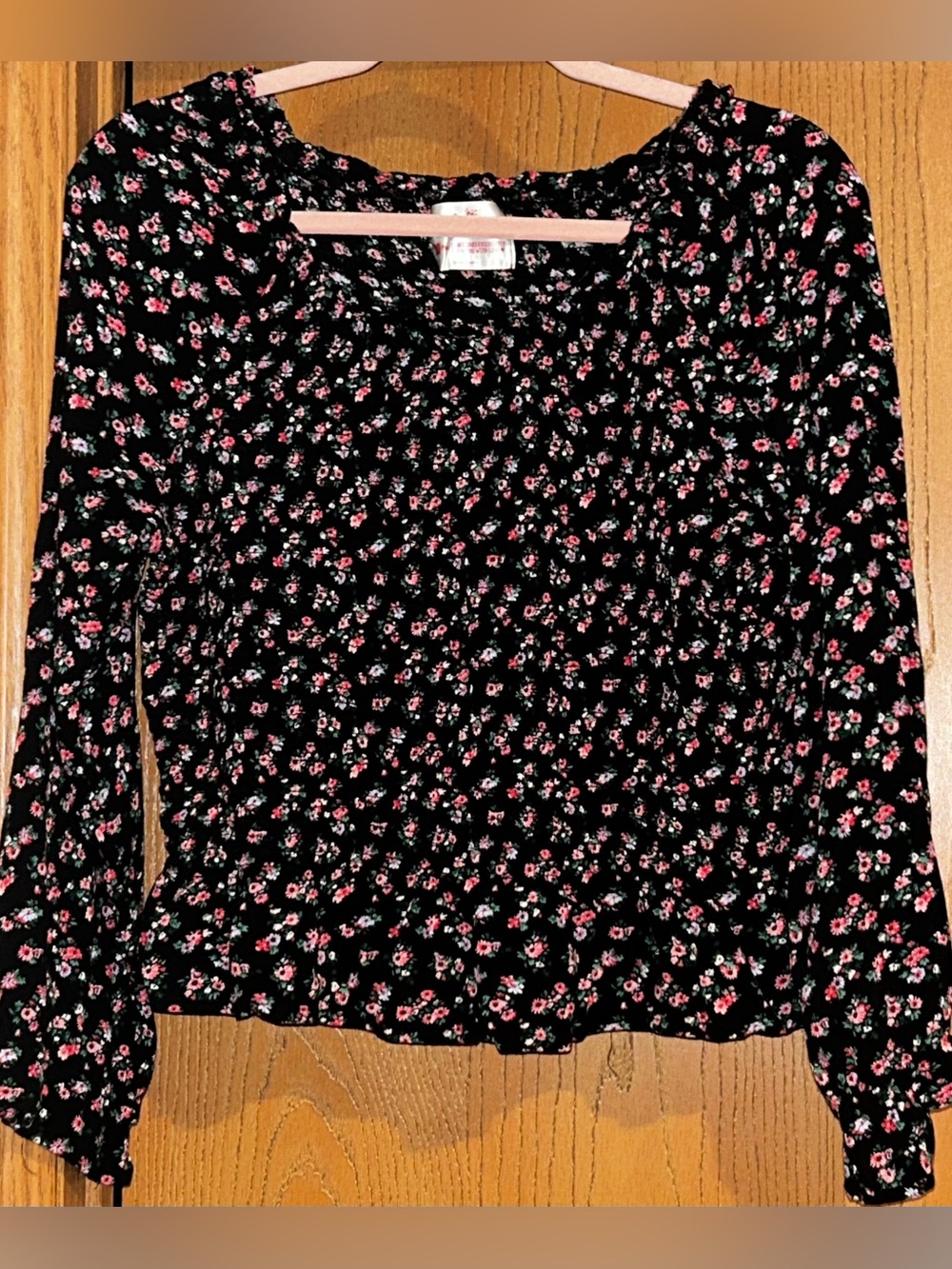 Justice Black Long-Sleeve Top with Pink Floral Print